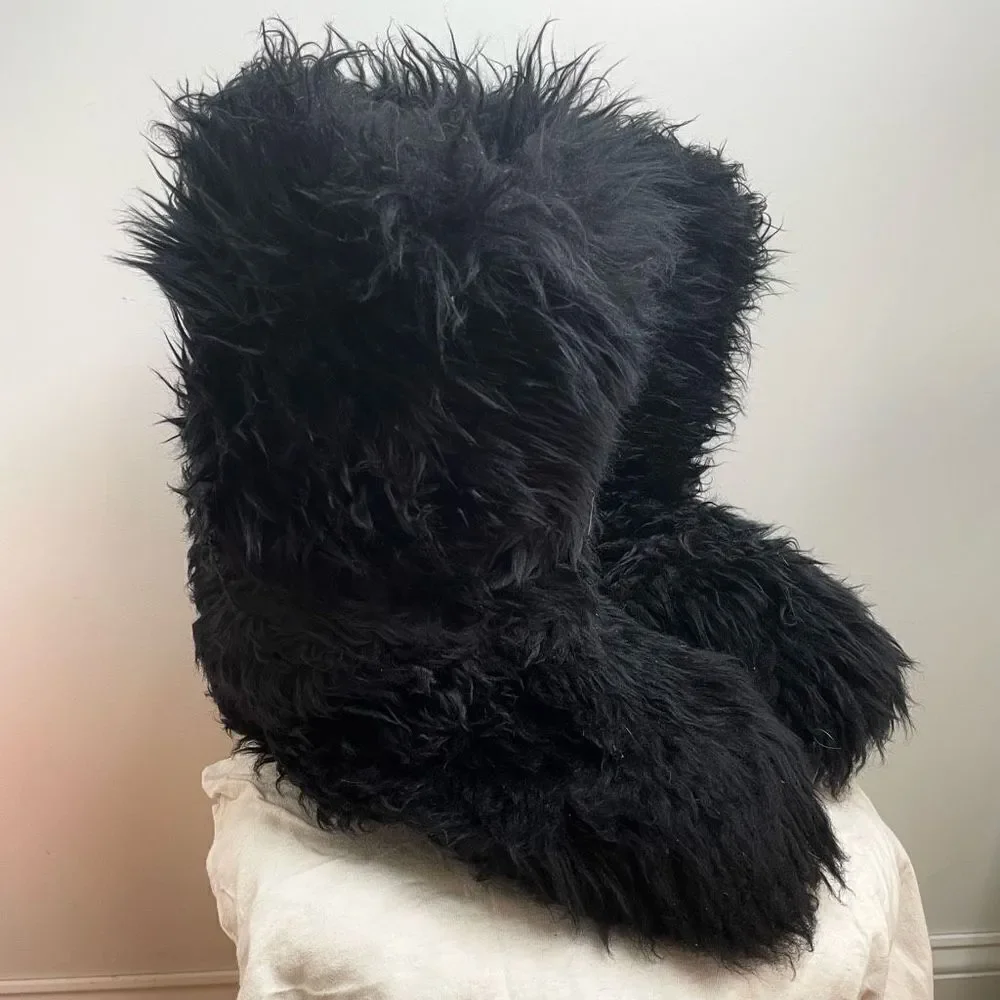 UGG Australia Tall Black Fluff Mama Boots 7 Shaggy Momma Wool‎ Fluffy Rare Y2K